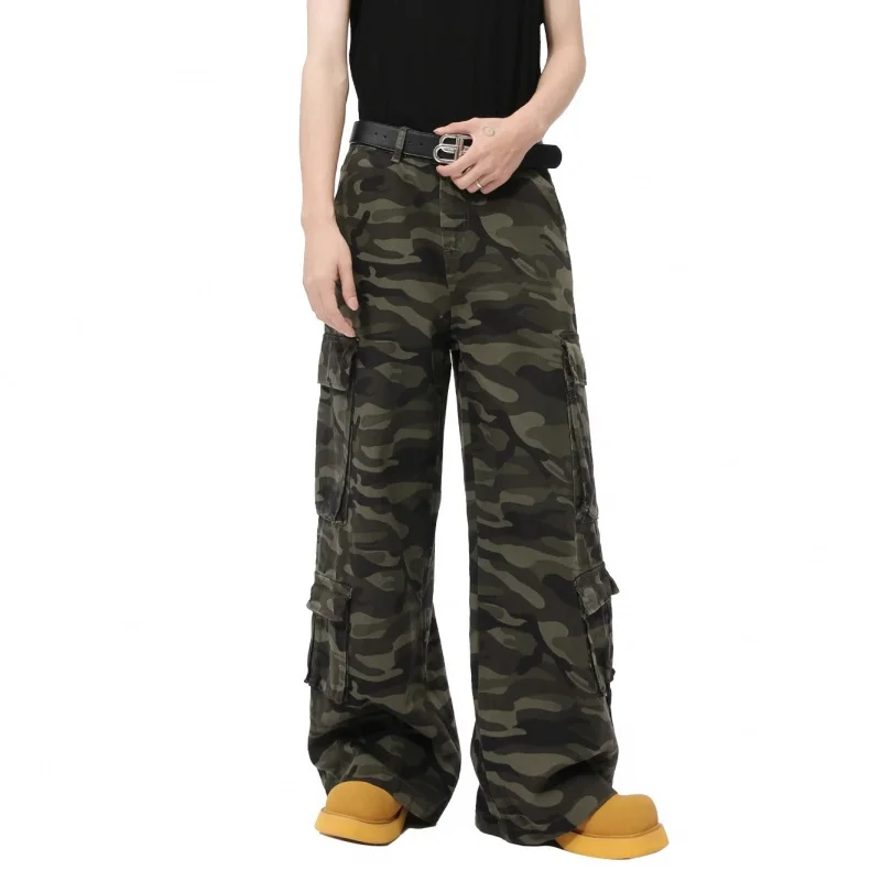 New  Men's Jeans Washed Camouflage Multi-pockets Straight Wide Leg Male Droop Denim Pants New Stylish