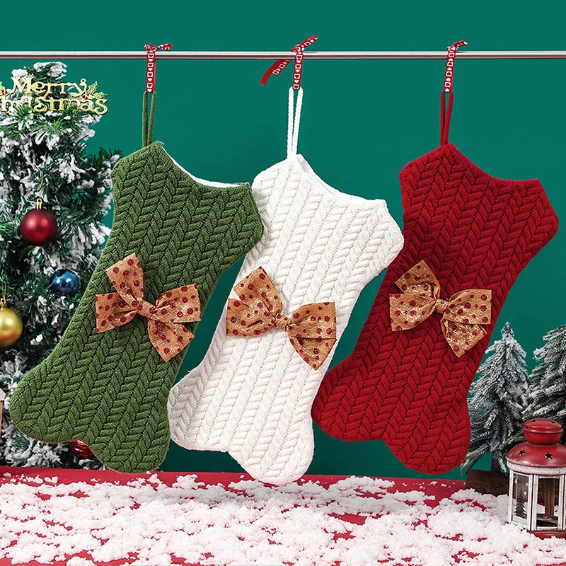 New Christmas Large Bone Shape Gift Bags Knitted Wool Stockings Xmas Tree Hanging Ornament Christmas Decor For Home Navidad 2024