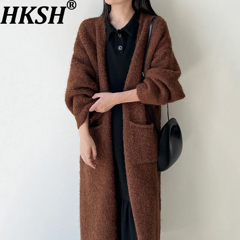 

HKSH осень-зима новый женский длинный свитер вязаный кардиган однотонный с карманами элегантный корейский повседневный толстый теплый пальто HK12877