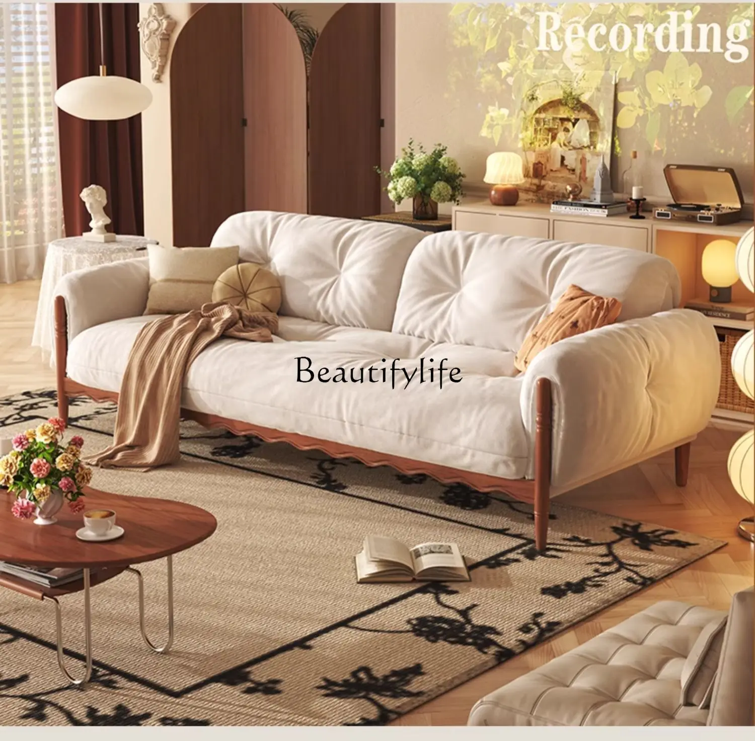 French Solid Wood Sofa Living Room Small Apartment Straight Row Cream Fengyunduo Fabric Sofa