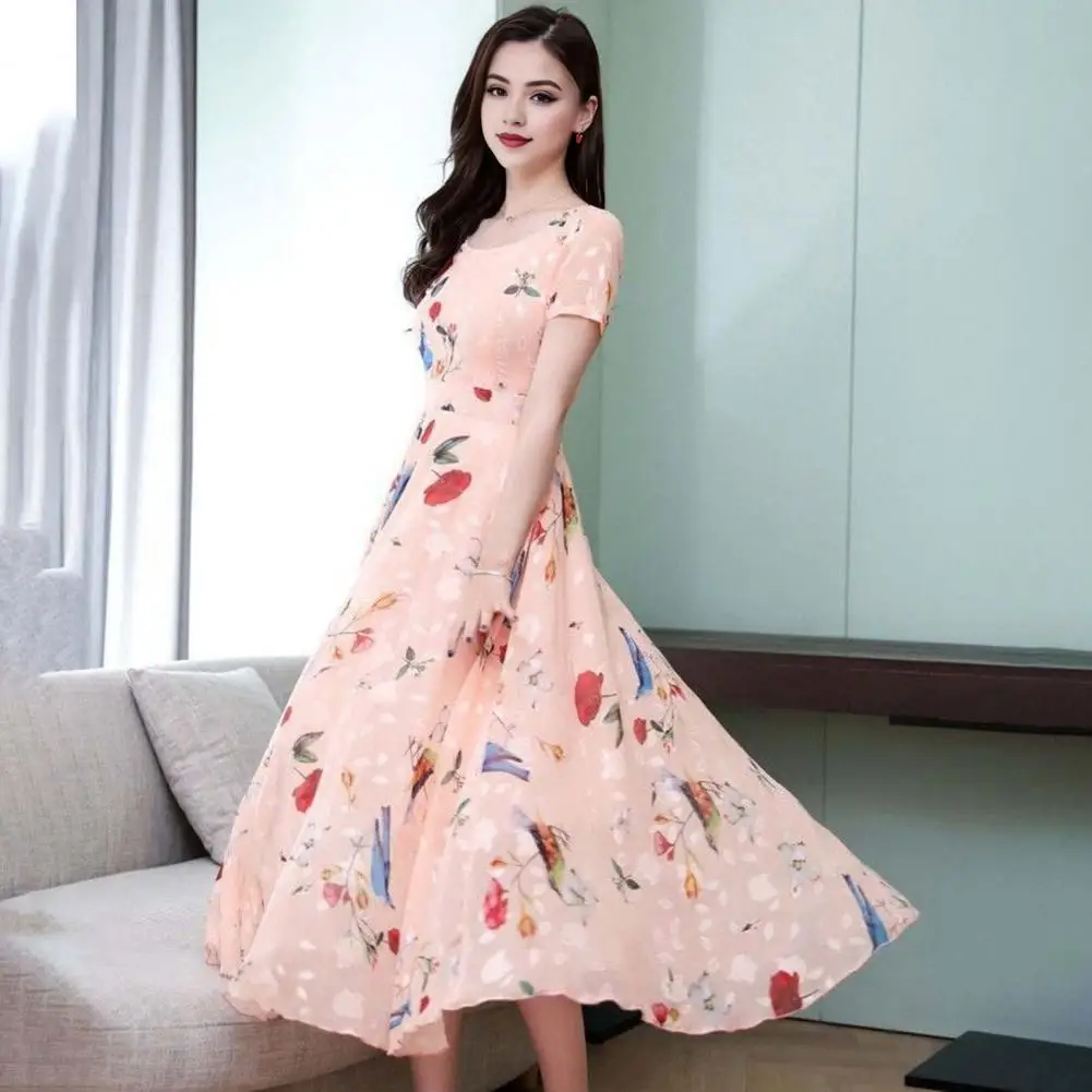 

Loose Fit Dress Flattering A-line Party Dress Printed Ice Silk O Neck Short Sleeves High Waist Mid-calf Length for Proms Dating