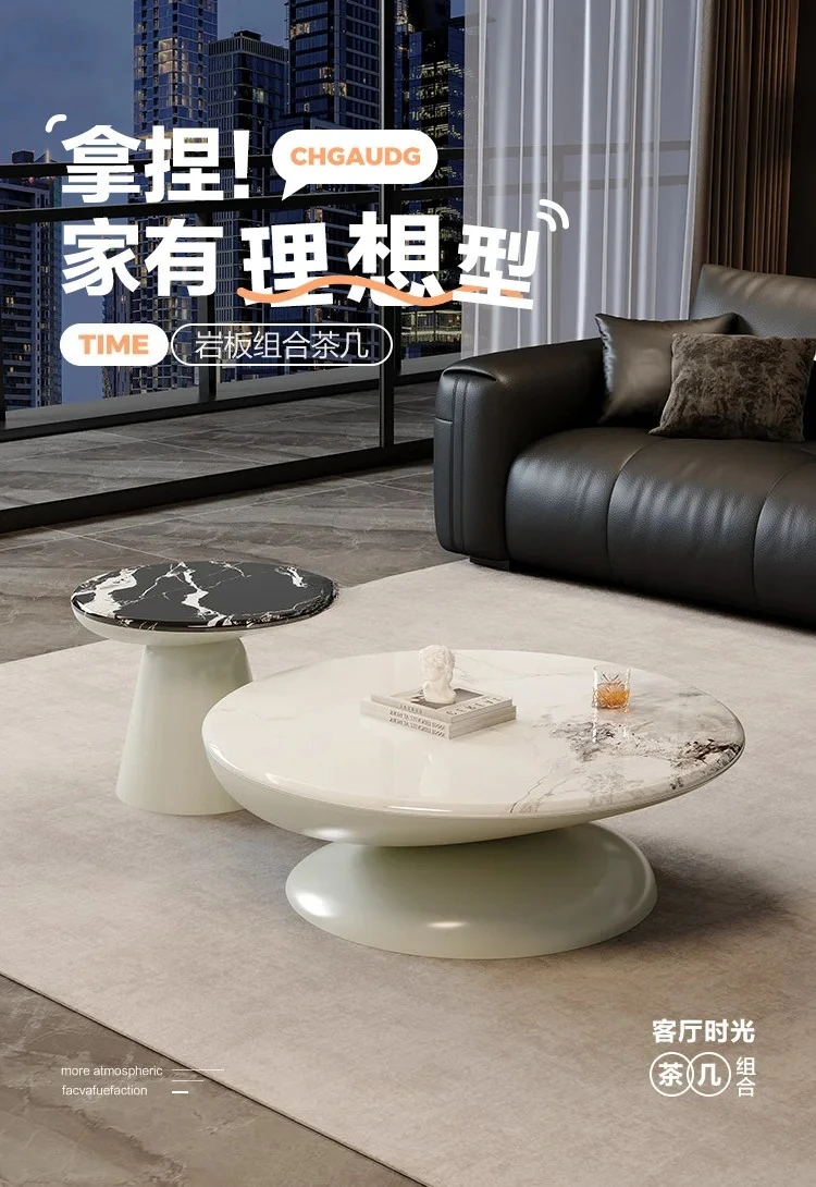 Italian minimalist home high-end modern light luxury living room round rock slab coffee table