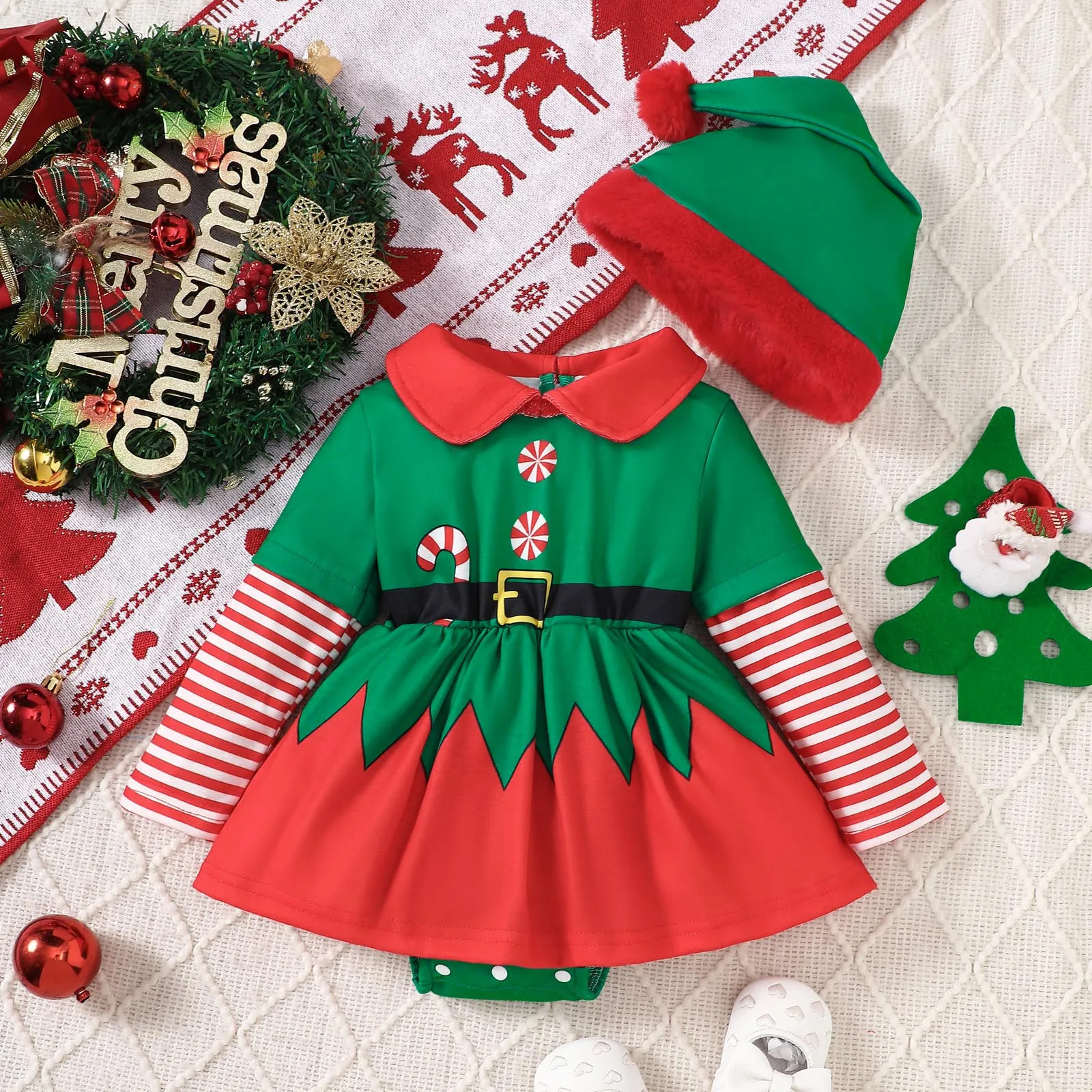 

Xmas Infant Newborn Baby Girls Elf Costume Outfit Infant Long Sleeve Doll Collar Romper Dress Hat 2Pcs Kids Christmas Set 0-18M