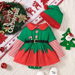 Xmas Infant Newborn Baby Girls Elf Costume Outfit Infant Long Sleeve Doll Collar Romper Dress Hat 2Pcs Kids Christmas Set 0-18M