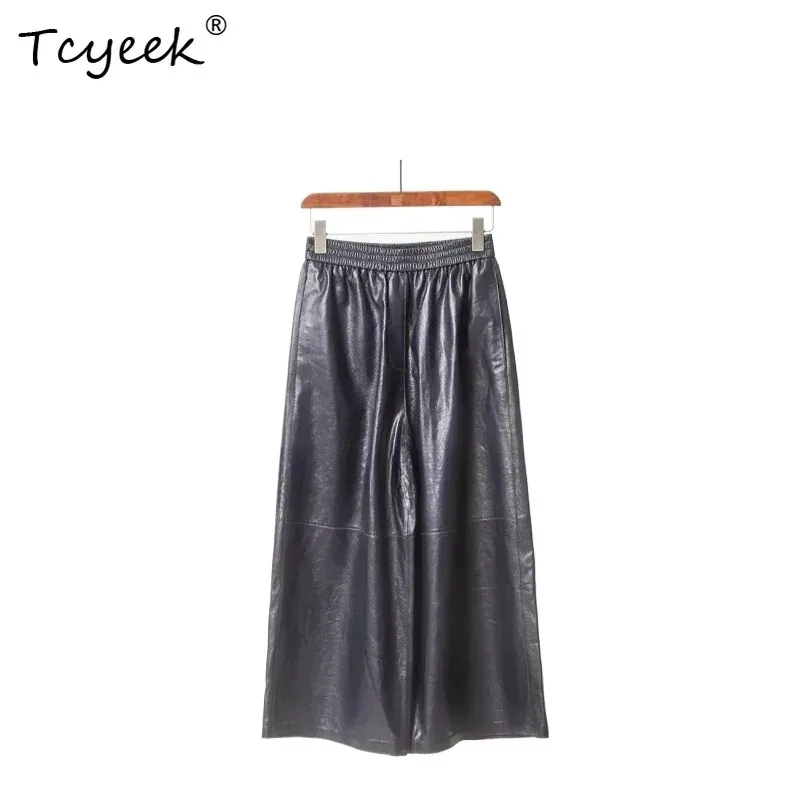 Tcyeek Genuine Leather Pants for Women Real Sheepskin Vintage Women's Pants Causal Trousers Lady Elastic Waist Pantalones Mujer