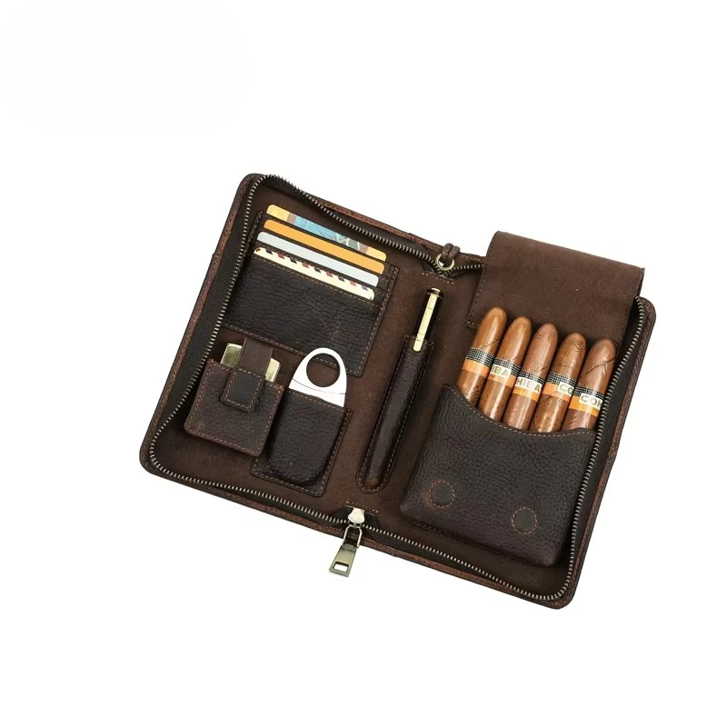 Portable Leather Cigar Travel Humidor Case with Airtight Zipper, Odor Resistant Eco-Friendly Storage Box for 5 Cigars