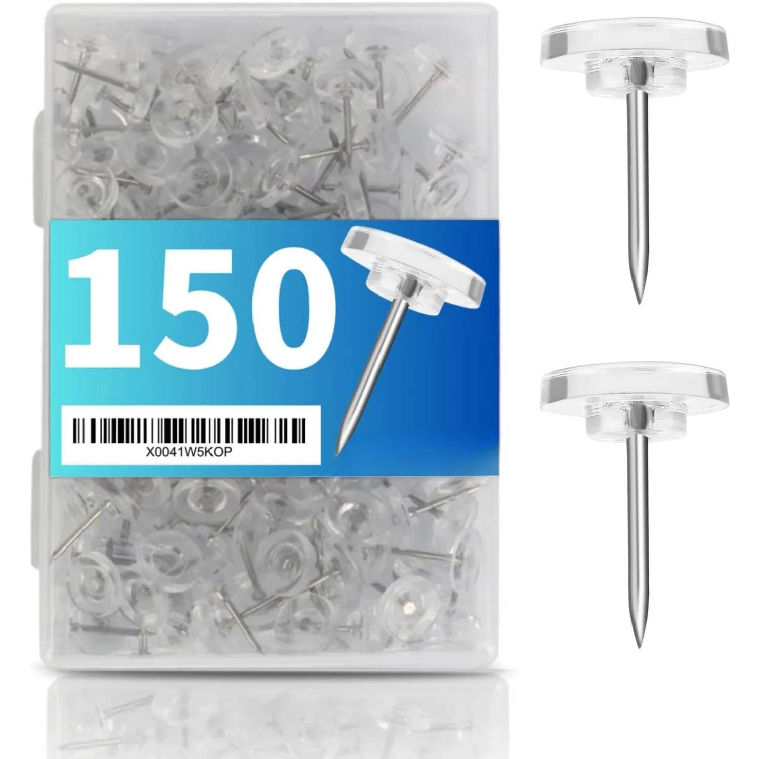 150 PCS Clear Push Pins Tacks Count in Reusable Box for Bulletin Boards and Wall Displays Heavy Duty Plastic Head