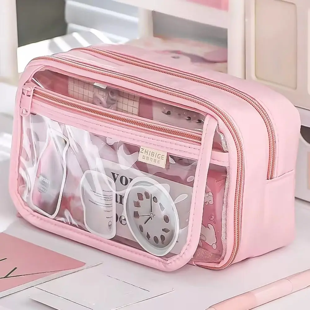 Multi-layer Transparent Pencil case Zipper Large Capacity Transparent Pen Bag Kawaii Macaron Stationery Box Travel