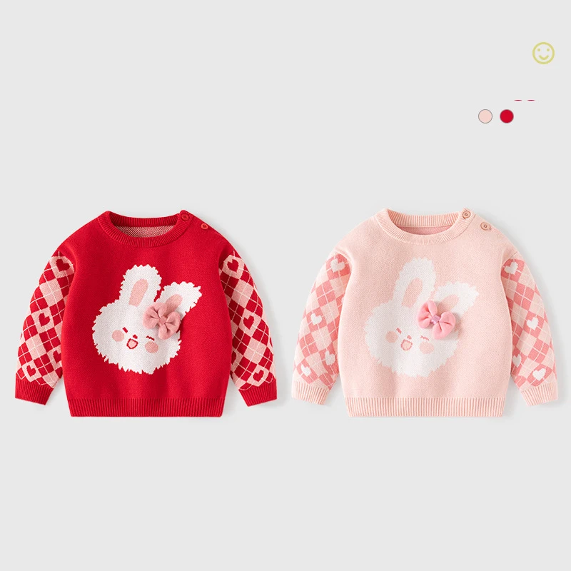 Kids Love Rabbit A-class Girls Sweater Autumn Pullover Pure Cotton Argyle Spliced Sleeves Knitted Toddler Girls Knitwears