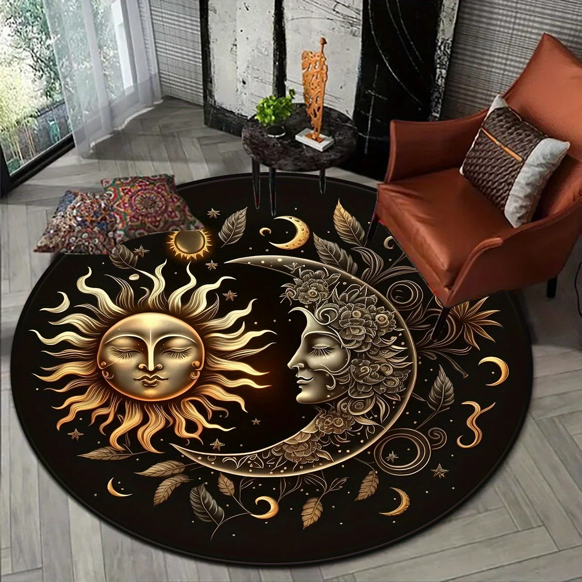 Carpet Household Rug Mat Non Slip Vintage Celestial Round for Living Room Bedroom Indoor Space Refresh