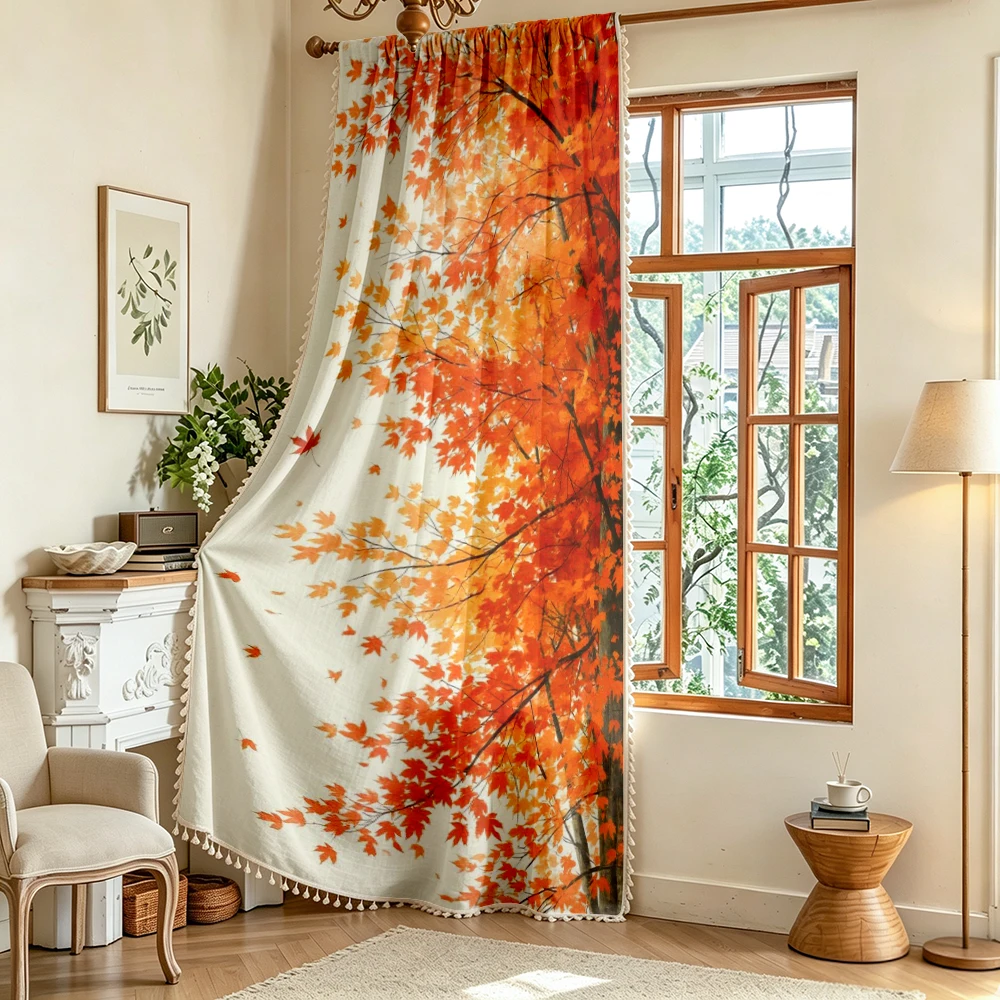 1PC Fall Tassel Sheer Curtains, Red Orange Maple Leaf, Digital Print, Linen Polyester, Bedroom Living Room, Rod Pocket