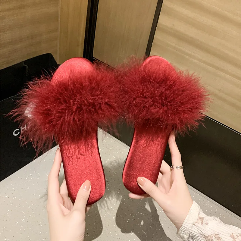 Slippers For Women Brides Bridesmaids Sweet Pink Red Fur Wedding Party Shoes Women\'s Fur Slipper Feather Modern Slippers