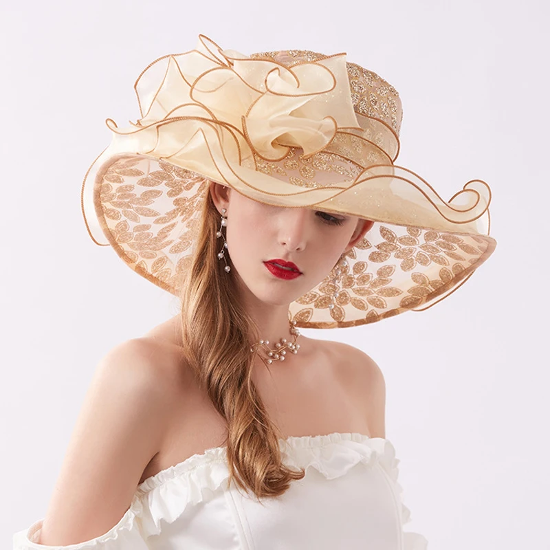 New Summer Women Organza Kentucky Derby Wide Brim Travel Sun Hats Elegant Flowers Ladies Wedding Church Party Fedoras Hat