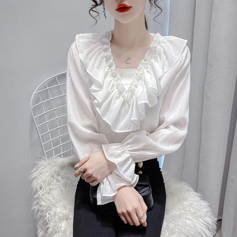 

Spring Simplicity Elegant Trend Sexy Well-designed Feminine V-neck Long Sleeve Pullover Intellectual Generous Sven Formal Grace