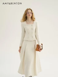 High-End Elegant Graceful White Tweed Skirt Sets Spring New French Square Collar Double-Breasted Coat Slim Skirts Two-Piece Set