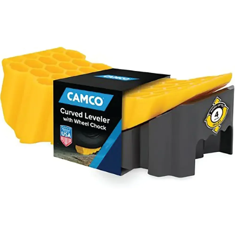 Curved Camper/RV Leveler & Wheel Chock - Features Heavy Duty Honeycomb Design & Includes Non-Slip Rubber Grippers on Wheel Chock