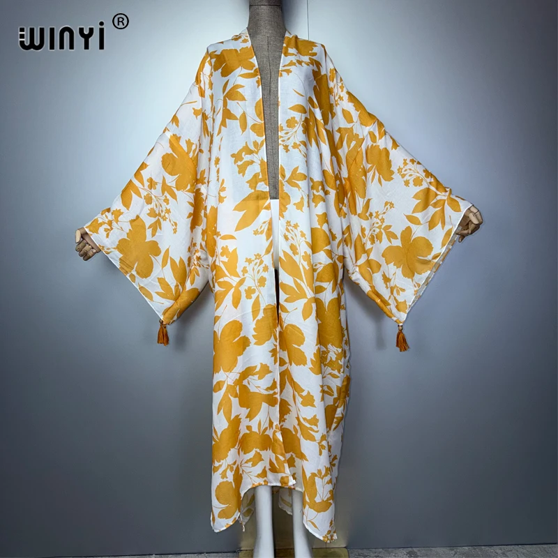WINYI Women's Long Sleeve Kimono Print Cardigan Boho Muslim Abaya Cover up Dress Dubai Style Luxury Kaftan Fashion