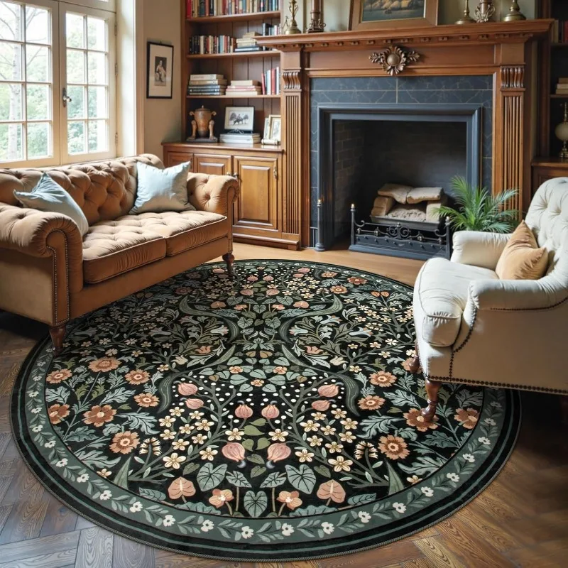 

American Retro Floral Round Living Room Carpet Home Decoration Luxury Sofa Coffee Table Floor Mat Machine Washable Rug Ковер 러그