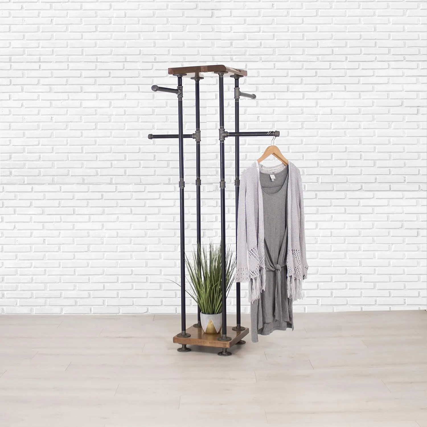 Industrial Pipe and Wood Clothes Rack 4-Way, Garment Rack, Clothing Rack, Closet Organizer, Clothing Storage and Display