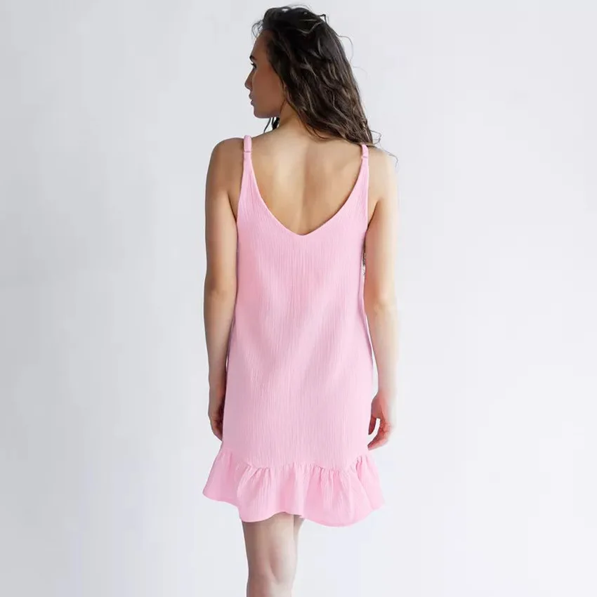 Summer Cotton Sleepwear Women's Casual Pink V-neck Pleated Dress Sleepwear Elegant Blue Sexy Dress Sleepwear