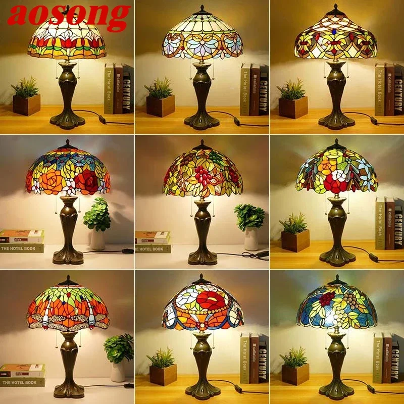 

OUFULA Tiffany Table Lamp American Retro Living Room Bedroom Lamp Luxurious Villa Hotel Stained Glass Desk Lamp