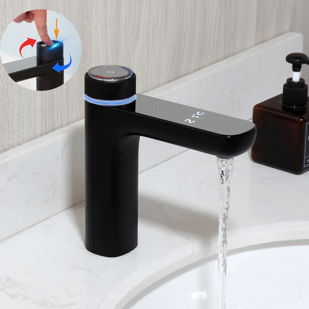 SINLAKU Matte Black Bathroom Faucet Solid Brass Wash Basin Sink Mixer Tap LED Display Screen Deck Mount Hot & Cold Mixer Faucets