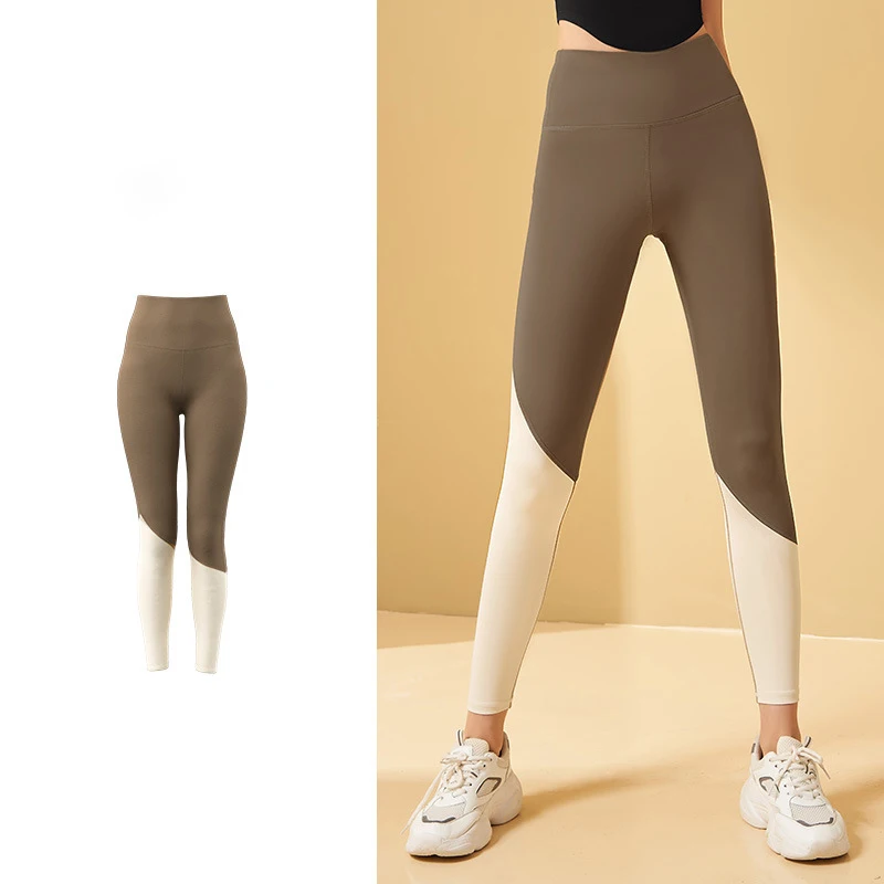 Color-blocking, high-elastic and quick-drying nude yoga pants without traces and slimming waist high-waisted hip lifting seamles