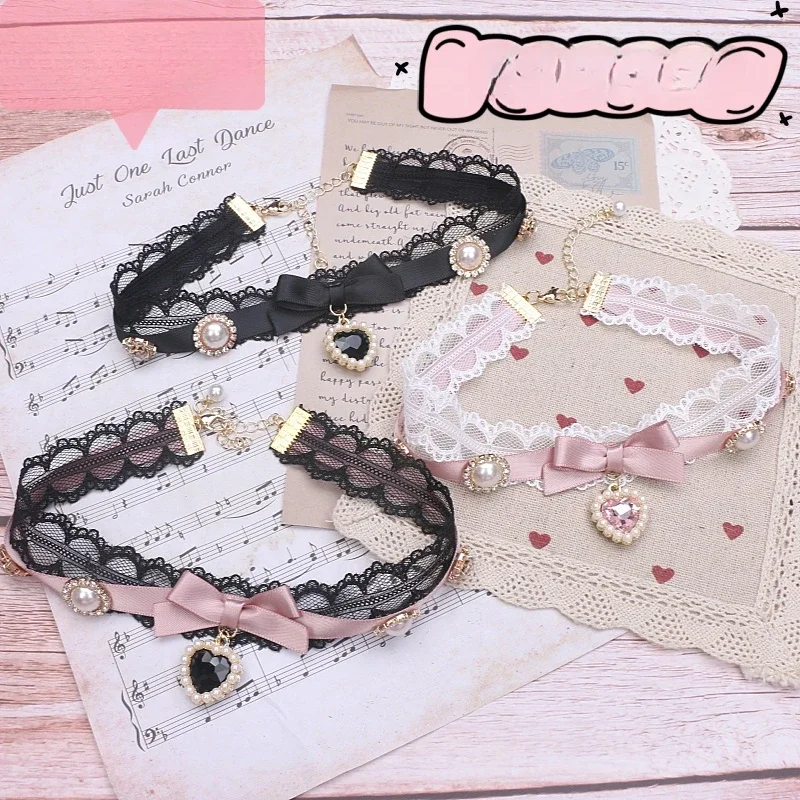 Japanese Mines Sweet Lace Bow Love Pendant Sticker Neck Handmade Necklace Female Girls Lolita Pearl Rhinestone Choker Collar