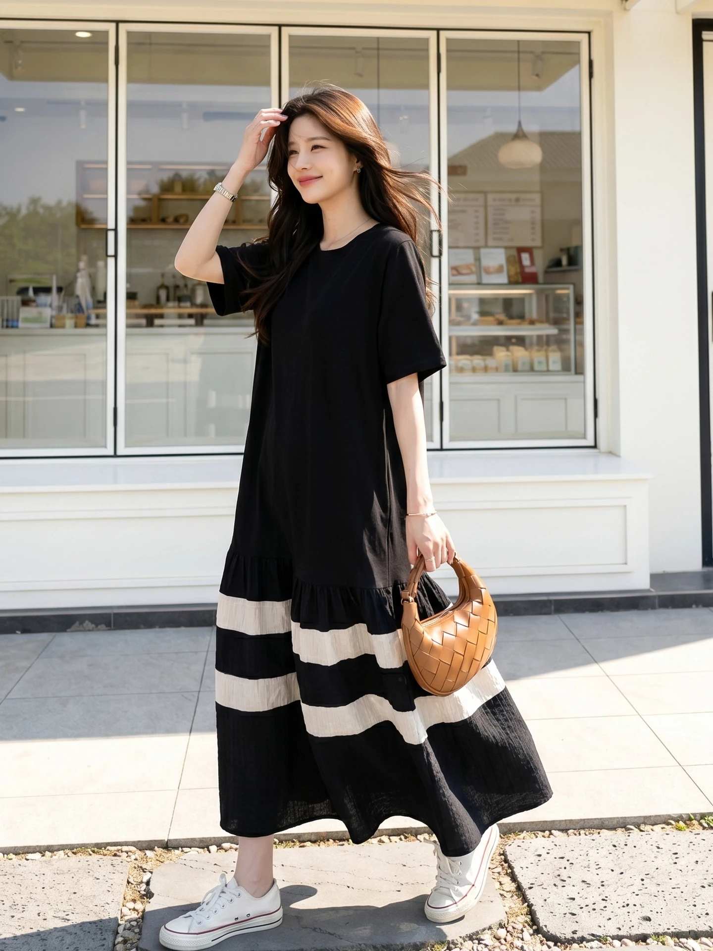 High Waist Color Block Dress Women's Summer New Style Street Style Loose Waist Short Sleeve A-Line Skirt White Moonlight Dress