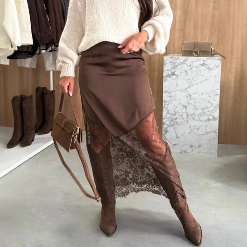 

Сексуальное нерегулярное полое кружево сращенное ​ ​ Юбка 2021, осенне-зимняя модная однотонная универсальная юбка для поездок на работу, элегантная праздничная одежда