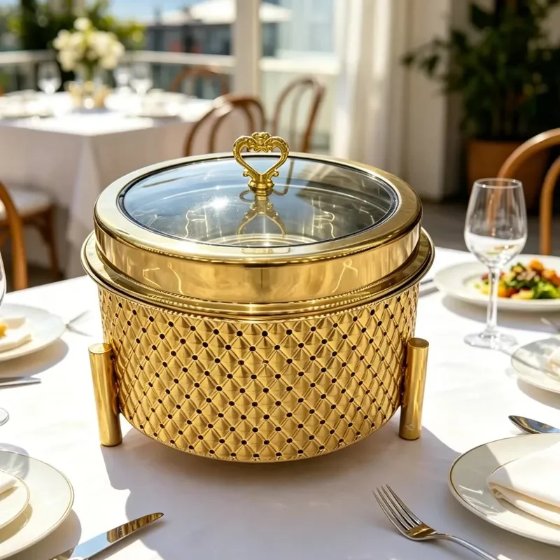9L Stainless Steel Thermal Insulation Pot Gold White Hanging Lid Alcohol Heating Food Warmer Durable Long Life New Design