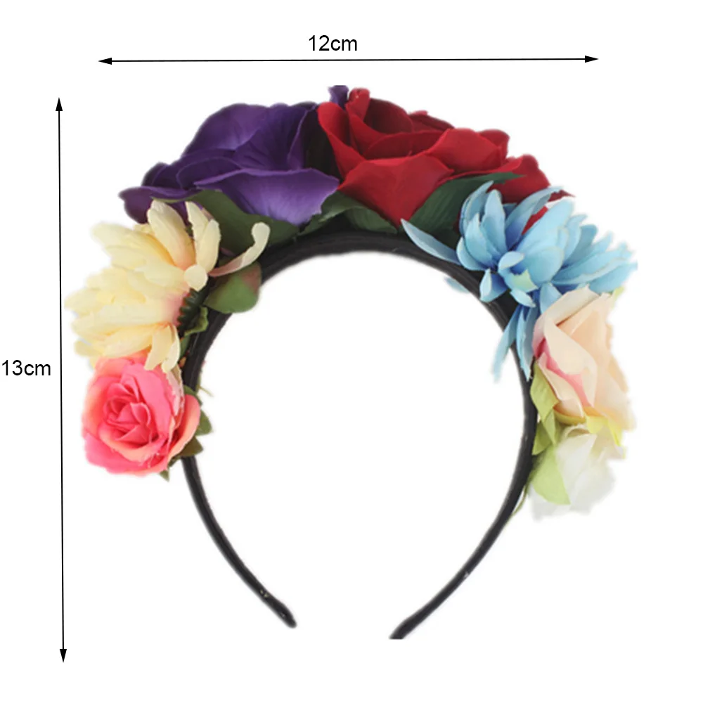 Women Mexican Simulated Rose Flower Crown Headband Day Of The Dead Halloween Hair Band Girl Colorful Fake Stamen Party Hair Hoop