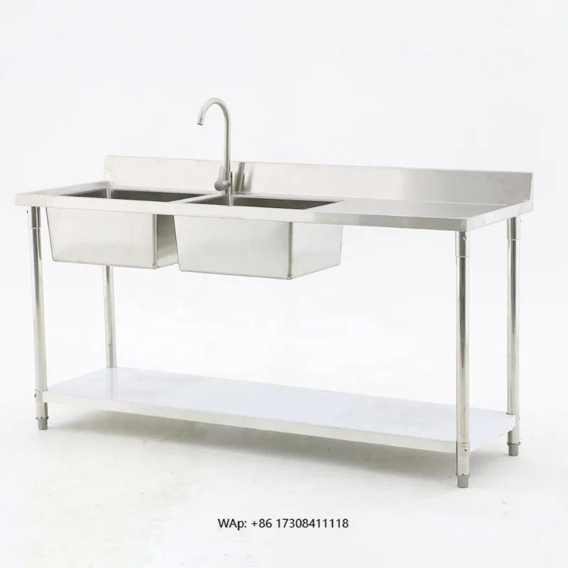Stainless Steel Double Sink Cabinet 304 Grade, with Left / Center / Right Platform, 1450*600*800mm to 1800*600*800mm