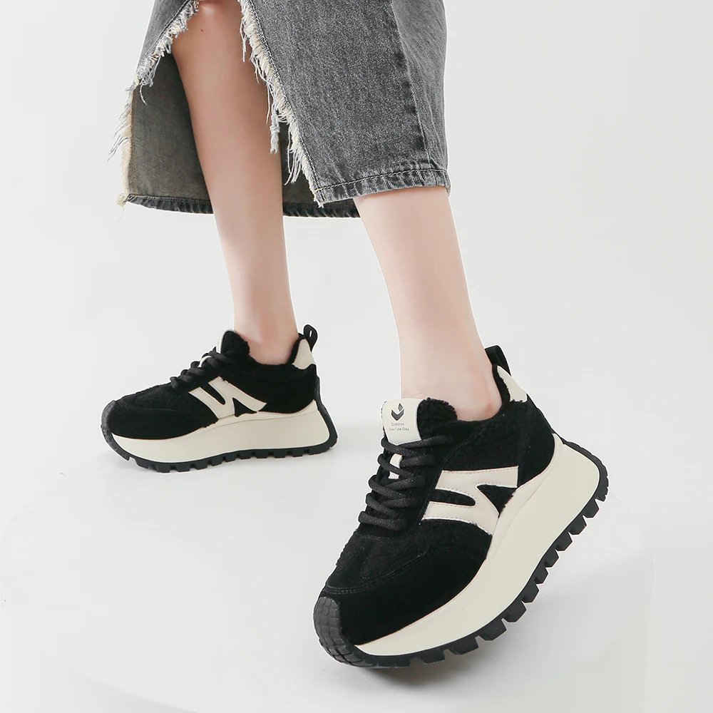 SOMILISS Winter Women Platform Sneakers Short Plush Warm Cow Suede Lamb Wool Patchwork Ladies Casual Brand Shoes Non Slip