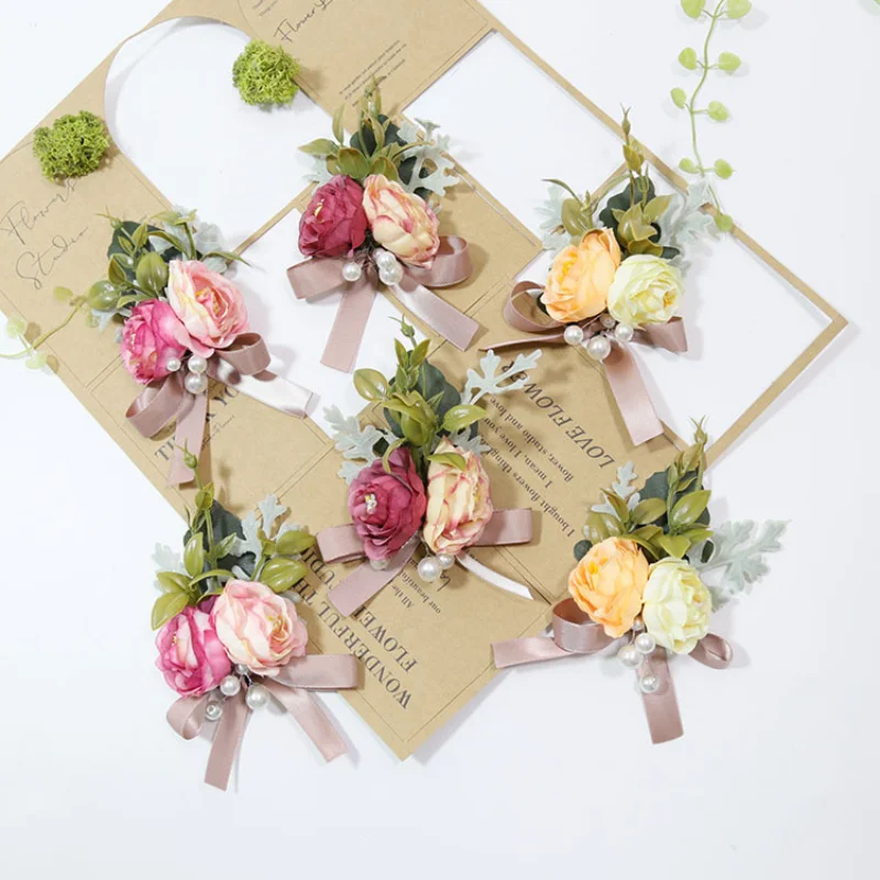 Nieuwe Kunstmatige Rose Bloemen Boutonniere Pols Corsage Bruidsmeisje Huwelijk Bruiloft Accessoires 2023