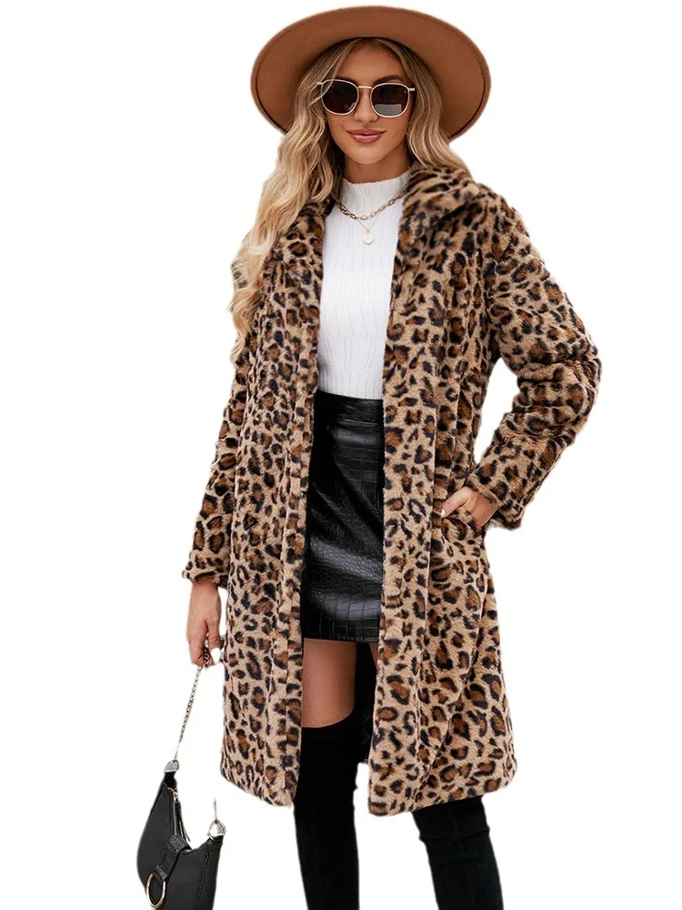 Winter Women\'s Warm Faux Fox Fur Long Coat Leopard Leisure Long Jacket Windbreaker Women Thick Fluffy Luxury Bontjas Outerwear