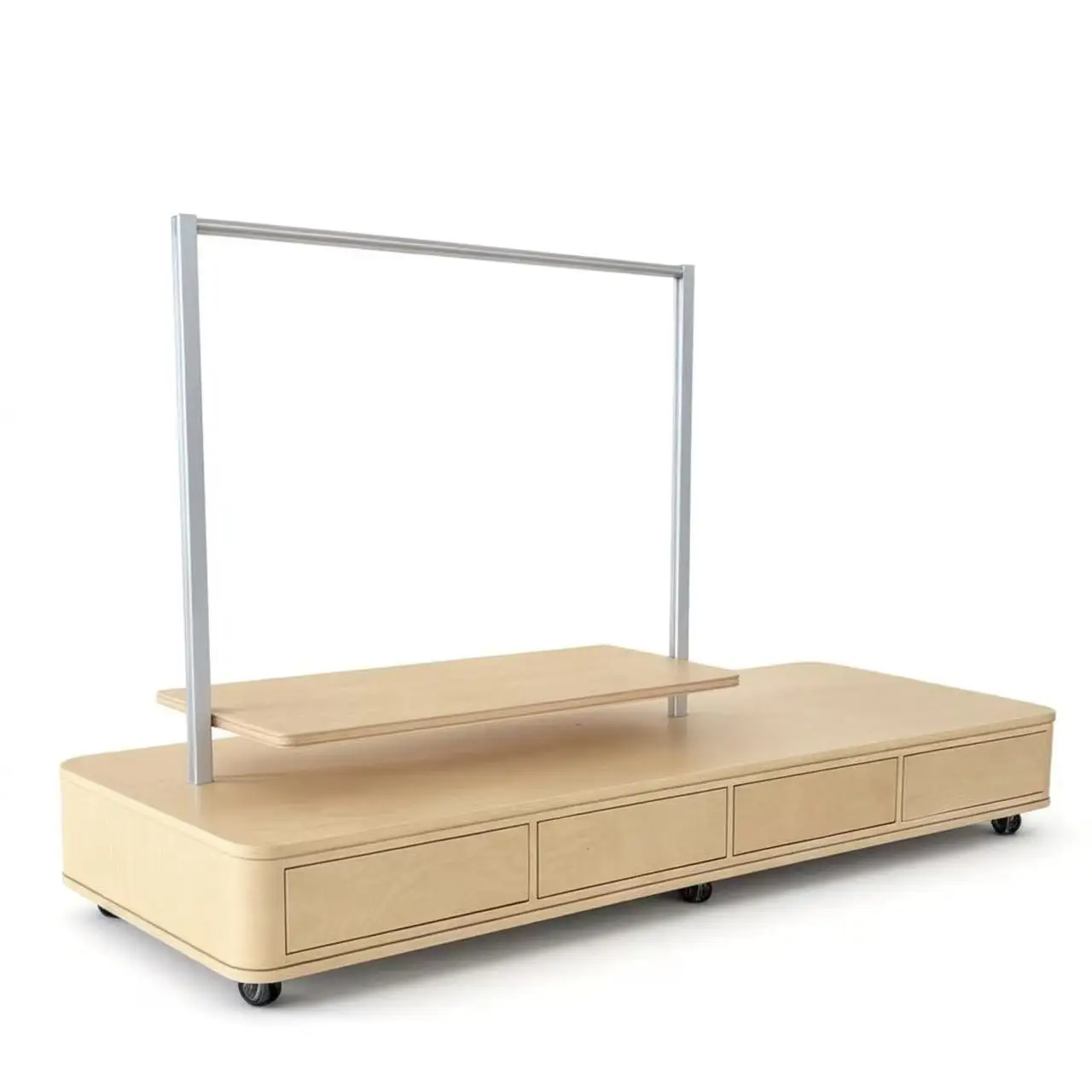 

yu-Customized Movable Display Cabinet with Stainless Steel Rack Painted Wood Showcase with Wheels for Clothing Store*