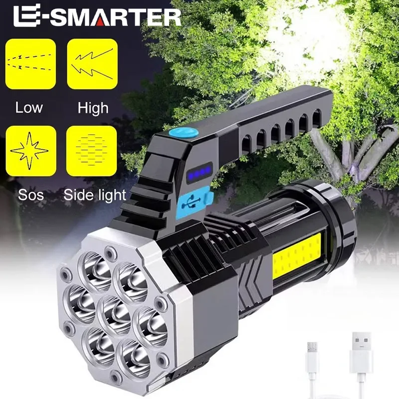 High Power 7LED Rechargeable LED Flashlights Camping Torch with COB Side Light Lightweight Outdoor ABS Material Lighting