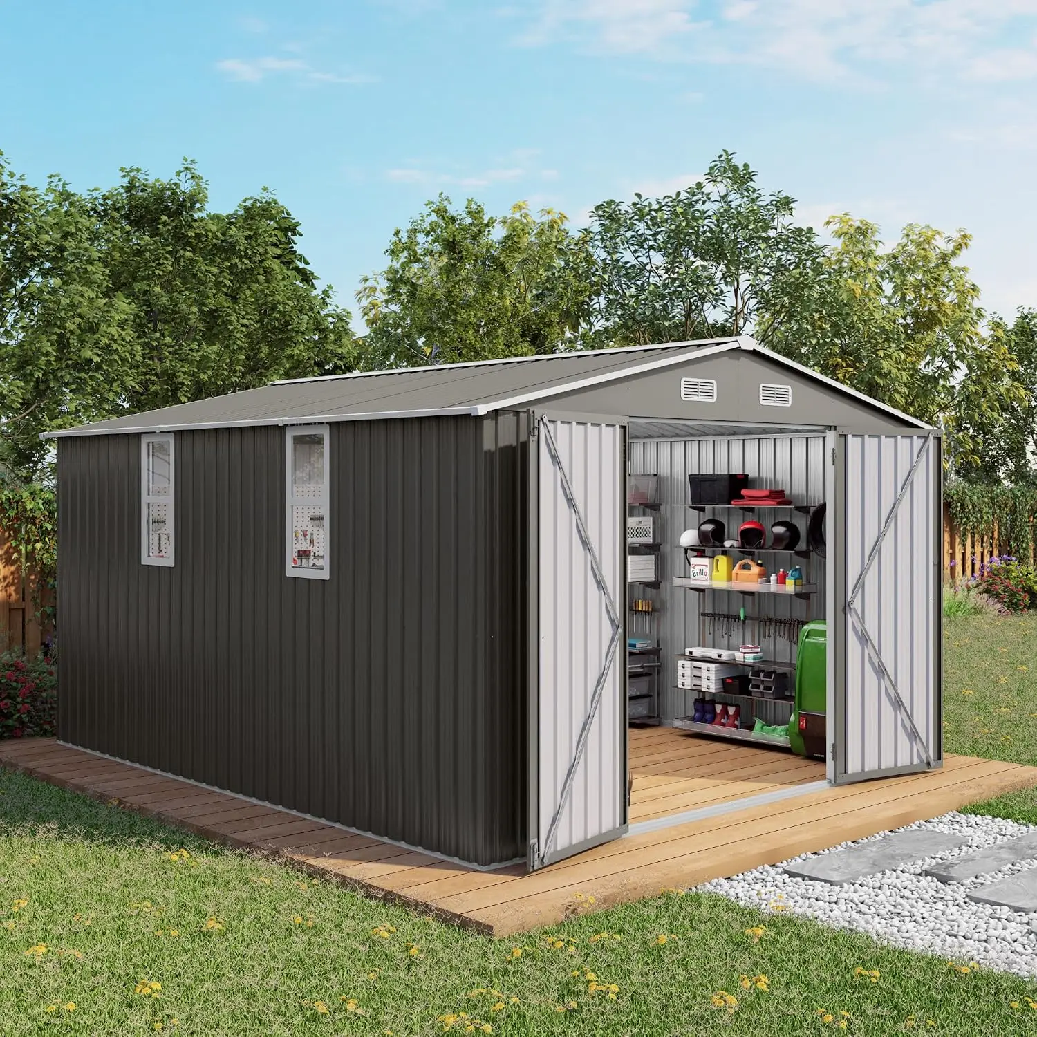 10x12 FT Outdoor Storage Shed Metal Lockable Door 4 Vents Waterproof Backyard Garden Patio Gray, Customized