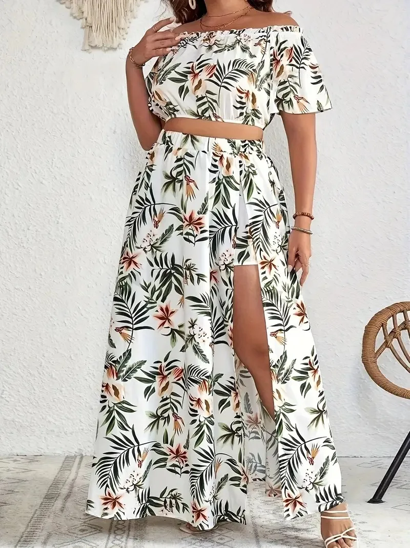 GIBSIE Plus Size Women\'s Bohemian Tropical Print Off-Shoulder Crop Top and High Split Long Skirts 2 Piece Sets Women Outfit New