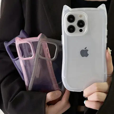 한국 귀여운 3D 고양이 귀 투명 전화 케이스 iPhone 11 12 13 14 15 16 Pro Max 무광택 실리콘 충격 방지 보호 커버