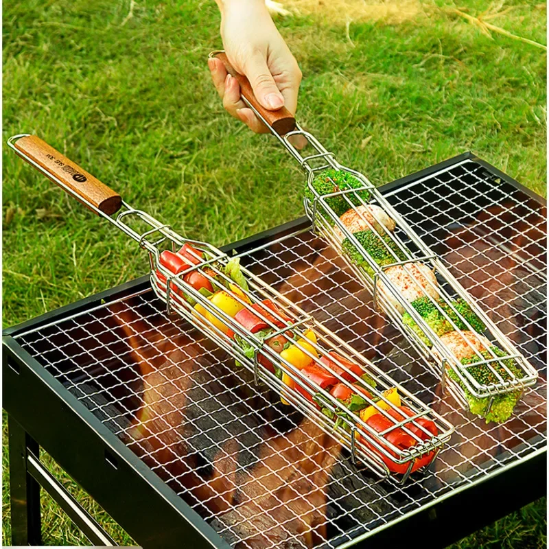 304 Stainless Steel Barbecue Cage Camping Stall Baking Grille Solid Wood Handle Grill Tongs Bold Encrypted Kitchen Utensils