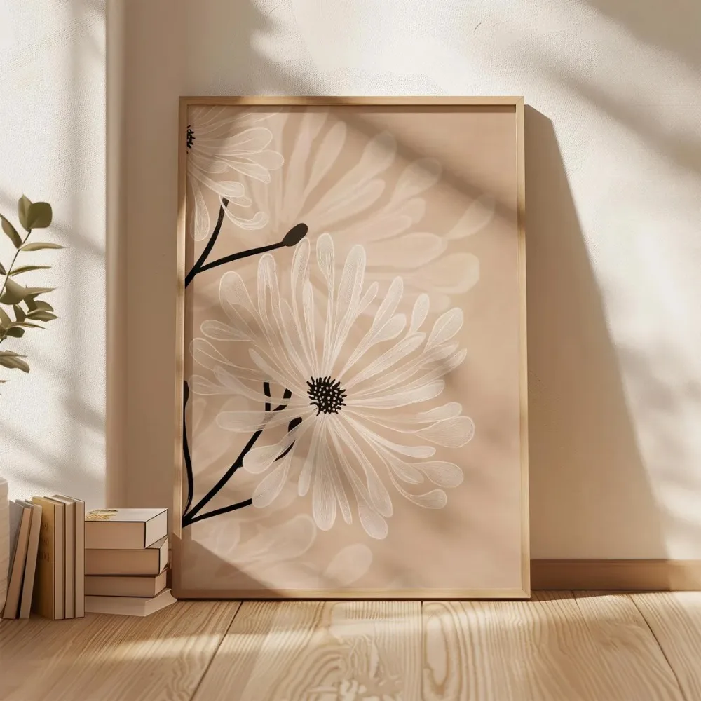 1pc Retro Beige Floral Line Printing,Simple Canvas Painting,Frameless Modern Plant Wall Decor for Living Room,Housewarming Gifts
