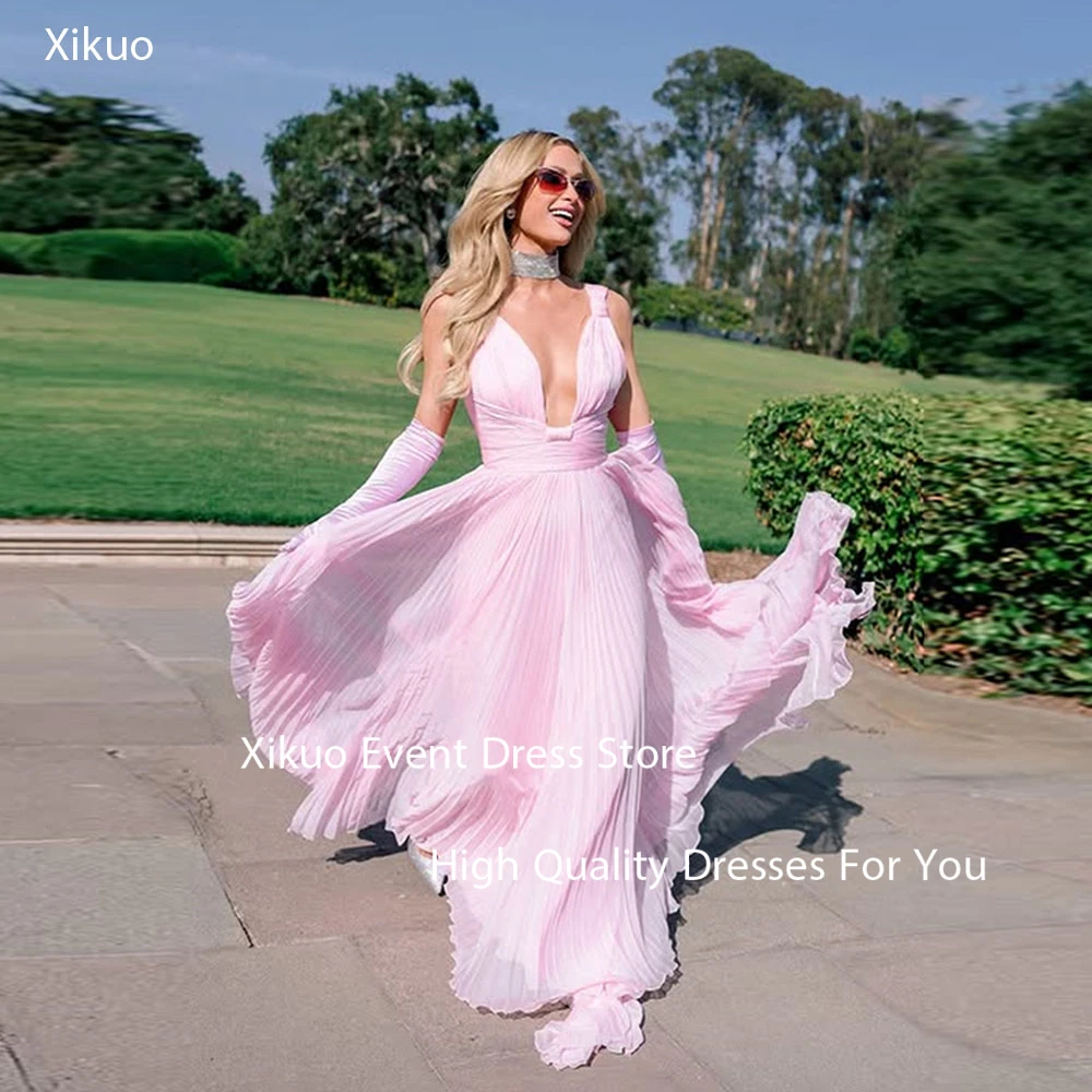

Xikuo Elegant Pink Chiffon Evening Gowns A Line Deep V Neck Sukienki Wieczorowe Damskie Summer Pleated Party Dresses Customized