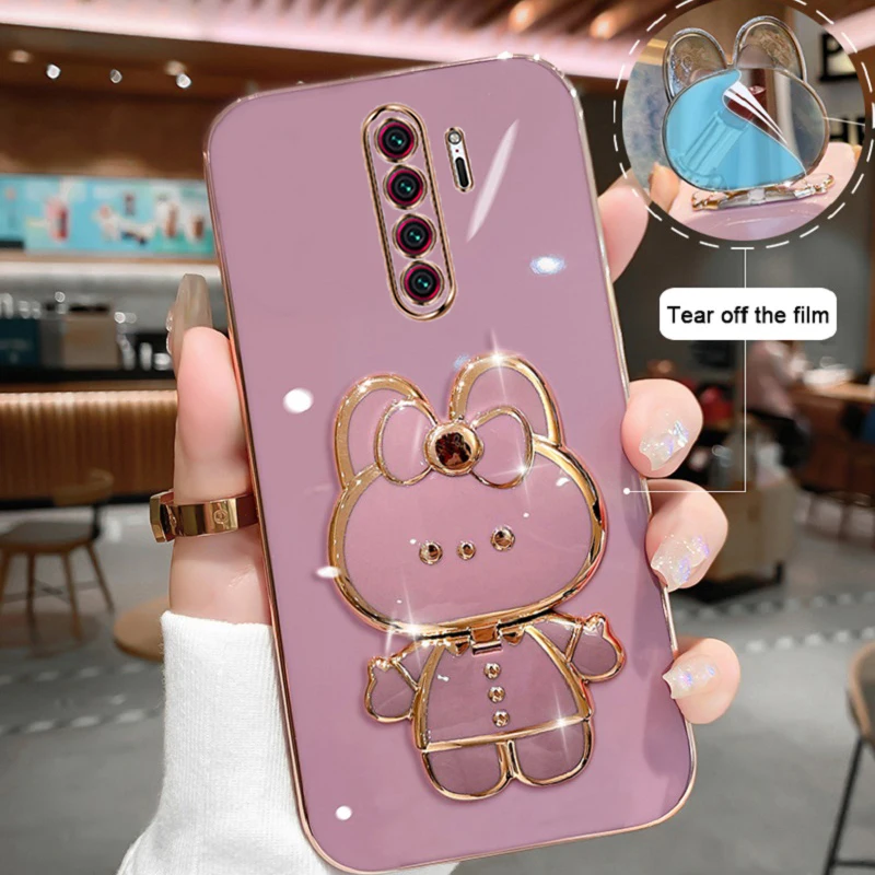 Luxuriöse, glänzende TPU-Handyhülle mit quadratischer Form für Xiaomi Redmi Note 8 Note8 Pro 8pro, niedliche Standhülle mit Spiegel, weiche Silikon-Rückseite