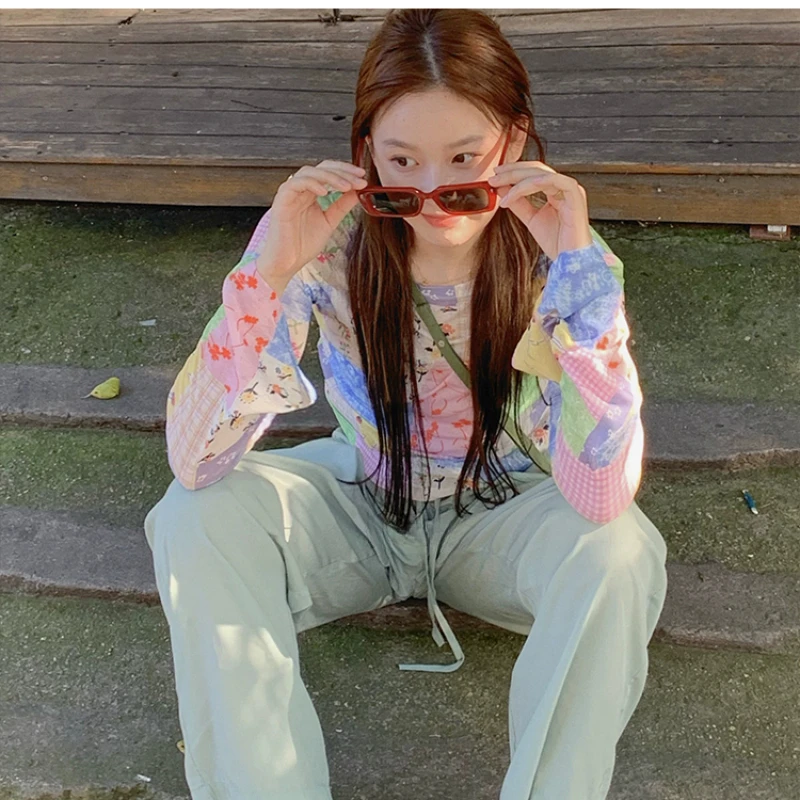 Mesh T-shirts Women Sunproof Colorful Print Patchwork Spring Summer Thin Hotsweet Flare Sleeve Slim Tops Design Outerwear Chic