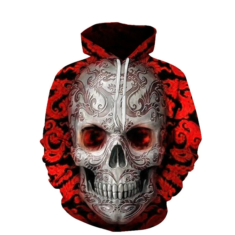 2021 New 3D Fashion Trend Skull Red Pattern Spring and Autumn Hooded Pullover Men's Clothes