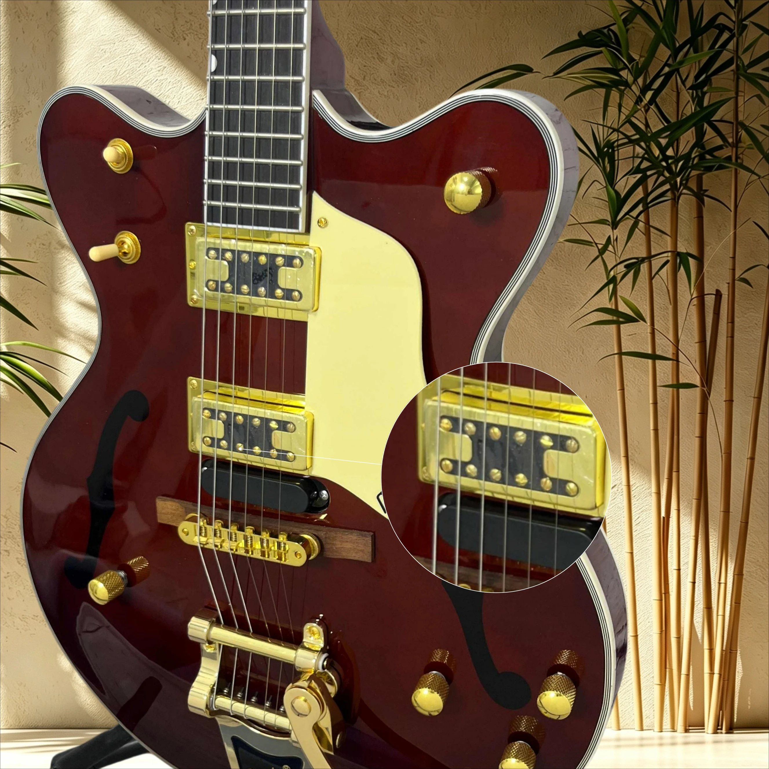 G Semi Hollow Electric Guitar Maple Semi‑hollow Body Rosewood Fretboard Cherry Wine F Hole Cream Pickguard Double Humbucker