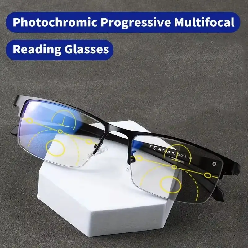 Hochwertige photochrome progressive multifokale Lesebrille für Herren, Presbyopie-Brille für Herren, Business-Brille mit Chamäleon-Gläsern