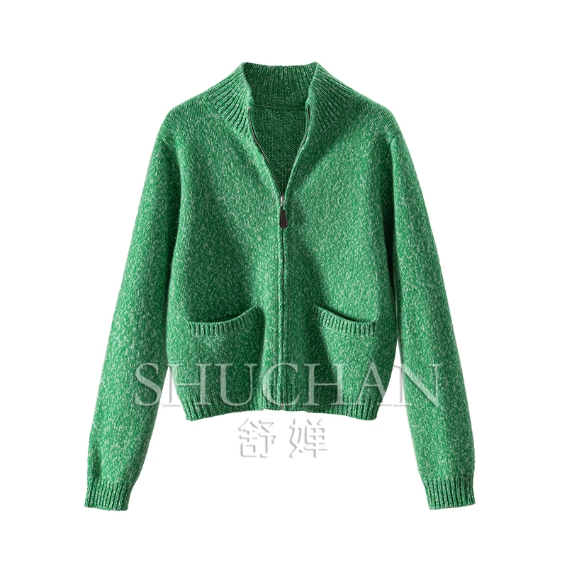 Fancy Yarn Warm Luxury 100% Cashmere Stand Collar Zipper Cardigan Sweater Women Casacos Femininos Inverno